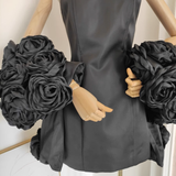 Niulatu A line Strapless Sleeveless Black Satin Party Dress Short Birthday Dresses With Cape SD355