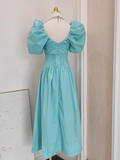 Niulatu A Line V Neckline Blue Satin Homecoming Dresses Birthday Outfits With Ruffles SD373