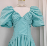 Niulatu A Line V Neckline Blue Satin Homecoming Dresses Birthday Outfits With Ruffles SD373