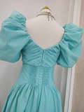 Niulatu A Line V Neckline Blue Satin Homecoming Dresses Birthday Outfits With Ruffles SD373