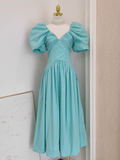 Niulatu A Line V Neckline Blue Satin Homecoming Dresses Birthday Outfits With Ruffles SD373