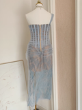 Niulatu Sheath One Shoulder Light Sky Blue Tulle Lace Dinner Party Dresses Birthday Outfits SD386