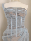 Niulatu Sheath One Shoulder Light Sky Blue Tulle Lace Dinner Party Dresses Birthday Outfits SD386