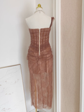 Niulatu Sheath One Shoulder Brown Tulle Lace Dinner Party Dresses Birthday Outfits SD387