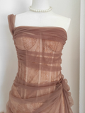 Niulatu Sheath One Shoulder Brown Tulle Lace Dinner Party Dresses Birthday Outfits SD387