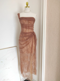 Niulatu Sheath One Shoulder Brown Tulle Lace Dinner Party Dresses Birthday Outfits SD387