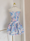 Niulatu A line Strapless Sleeveless Blue Floral Cocktail Dress Short Birthday Outfits SD389