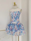 Niulatu A line Strapless Sleeveless Blue Floral Cocktail Dress Short Birthday Outfits SD389