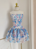 Niulatu A line Strapless Sleeveless Blue Floral Cocktail Dress Short Birthday Outfits SD389