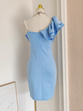 Niulatu Sheath One Shoulder One Shoulder Blue Cocktail Dress Short Birthday Outfits SD398