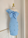 Niulatu Sheath One Shoulder One Shoulder Blue Cocktail Dress Short Birthday Outfits SD398