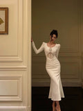 Niulatu Sheath U Neckline White Long Sleeves Prom Dresses Birthday Dress SD409