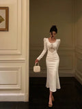 Niulatu Sheath U Neckline White Long Sleeves Prom Dresses Birthday Dress SD409