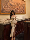 Niulatu Sheath Square Neckline Long Sleeves Slit Floral Prom Dresses Birthday Dress SD411