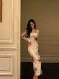 Niulatu Sheath Square Neckline Long Sleeves Slit Floral Prom Dresses Birthday Dress SD411