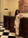 Niulatu Sheath Square Neckline Long Sleeves Slit Floral Prom Dresses Birthday Dress SD411