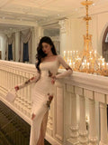 Niulatu Sheath Square Neckline Long Sleeves Slit Floral Prom Dresses Birthday Dress SD411