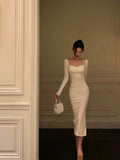 Niulatu Sheath Straps Long Sleeves White Ankle Length Prom Dresses Birthday Dress SD412