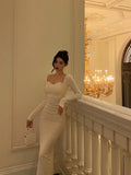 Niulatu Sheath Straps Long Sleeves White Ankle Length Prom Dresses Birthday Dress SD412