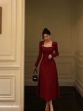 Niulatu A line Square Neckline Long Sleeves Red Prom Dresses Birthday Dress SD413