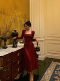 Niulatu A line Square Neckline Long Sleeves Red Prom Dresses Birthday Dress SD413