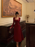 Niulatu A line Square Neckline Long Sleeves Red Prom Dresses Birthday Dress SD413