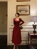 Niulatu A line Square Neckline Long Sleeves Red Prom Dresses Birthday Dress SD413