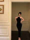 Niulatu Sheath High Neckline Black Beads Ankle Length Prom Dresses Birthday Dress SD414