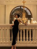 Niulatu Sheath High Neckline Black Beads Ankle Length Prom Dresses Birthday Dress SD414