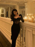 Niulatu Sheath Sweetheart Velvet Black Long Sleeves Prom Dresses Evening Dress SD415