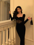 Niulatu Sheath Sweetheart Velvet Black Long Sleeves Prom Dresses Evening Dress SD415