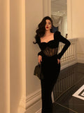 Niulatu Sheath Sweetheart Velvet Black Long Sleeves Prom Dresses Evening Dress SD415
