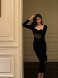 Niulatu Sheath Sweetheart Velvet Black Long Sleeves Prom Dresses Evening Dress SD415