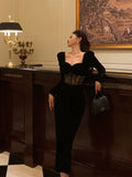 Niulatu Sheath Sweetheart Velvet Black Long Sleeves Prom Dresses Evening Dress SD415