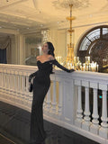 Niulatu Sheath Off The Shoulder Black Long Sleeves Prom Dresses Evening Dress SD416