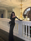 Niulatu Sheath Off The Shoulder Black Long Sleeves Prom Dresses Evening Dress SD416