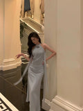 Niulatu Sheath High Neckline Dusty Blue Satin Flowers Long Prom Dresses Evening Dress SD417