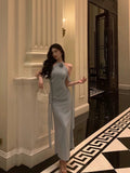Niulatu Sheath High Neckline Dusty Blue Satin Flowers Long Prom Dresses Evening Dress SD417