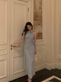 Niulatu Sheath High Neckline Dusty Blue Satin Flowers Long Prom Dresses Evening Dress SD417