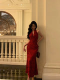 Niulatu Sheath V Neckline Red Floral Ankle Length Prom Dresses Birthday Dress SD418