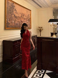 Niulatu Sheath V Neckline Red Floral Ankle Length Prom Dresses Birthday Dress SD418
