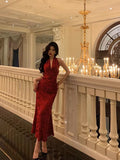 Niulatu Sheath V Neckline Red Floral Ankle Length Prom Dresses Birthday Dress SD418