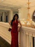 Niulatu Sheath V Neckline Red Floral Ankle Length Prom Dresses Birthday Dress SD418