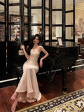 Niulatu Sheath Sweetheart Sequin Lace Long Prom Dresses Evening Dress SD419