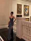 Niulatu Sheath Straps Sequin Blue Slit Long Prom Dresses Evening Dress SD420