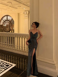 Niulatu Sheath Straps Sequin Blue Slit Long Prom Dresses Evening Dress SD420