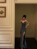 Niulatu Sheath Straps Sequin Blue Slit Long Prom Dresses Evening Dress SD420