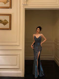 Niulatu Sheath Straps Sequin Blue Slit Long Prom Dresses Evening Dress SD420