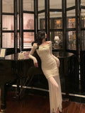 Niulatu Sheath Off The Shoulder Long Sleeves Beige Prom Dresses Evening Dress SD421