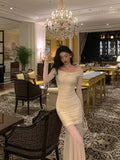 Niulatu Sheath Off The Shoulder Long Sleeves Beige Prom Dresses Evening Dress SD421